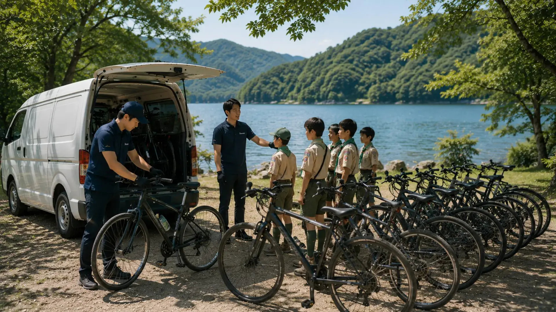 湖畔のキャンプ場に自転車を届けるスタッフ
