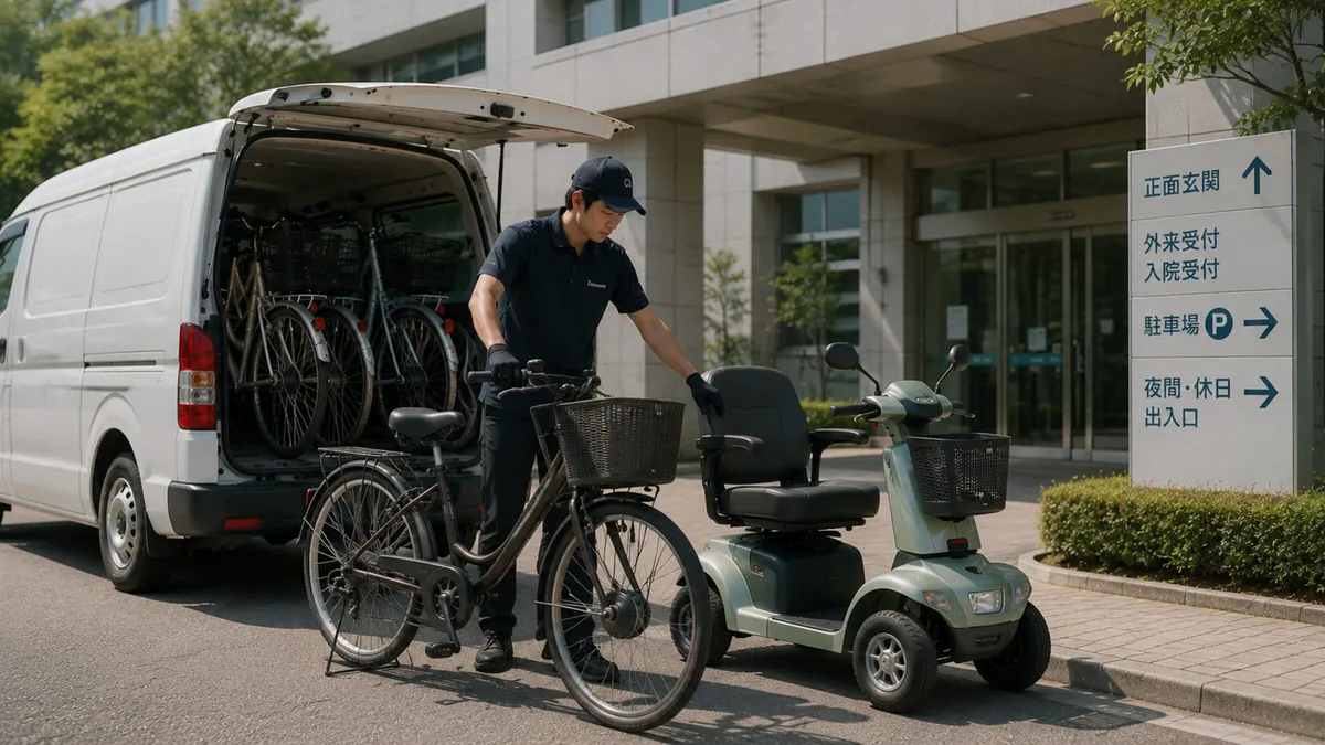 病院前に電動シニアカーと自転車を配備するスタッフ