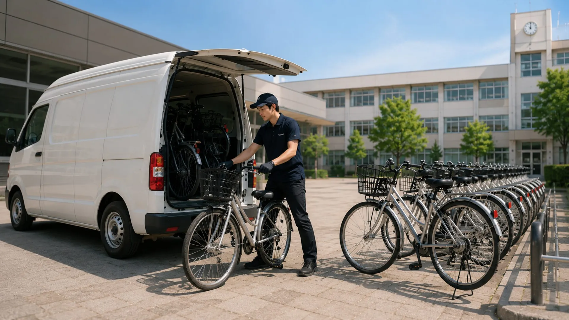 朝の校門前に自転車を配置するスタッフ